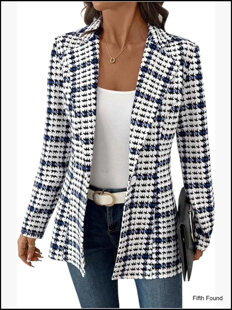 Women's Slim Fit Houndstooth Blazer Long Sleeve Button Front Office